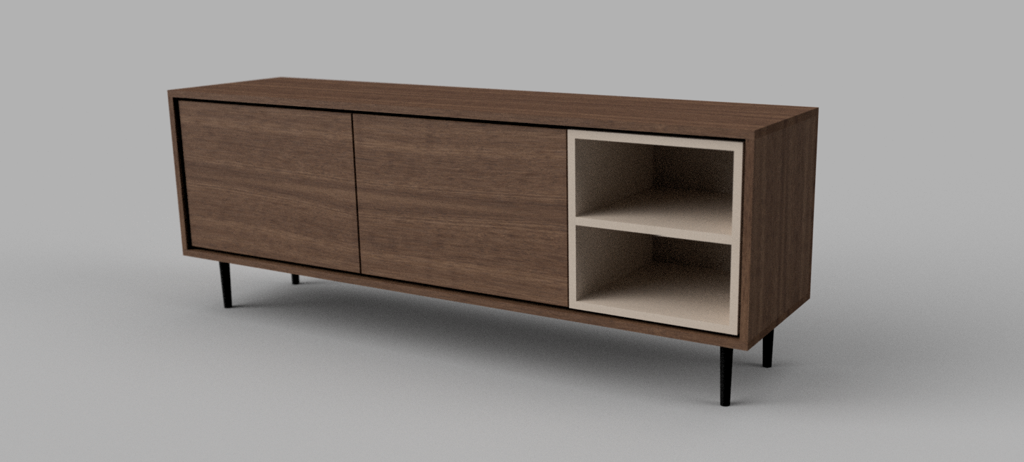 3D render van een op maat gemaakt TV meubel